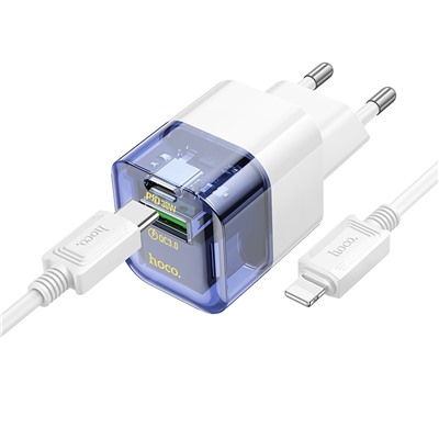 Адаптер Сетевой с кабелем Hoco C131a USB/Type-C 30W (Type-C/Lightning) (transparent blue)