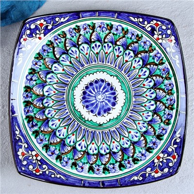 Ляган Риштанская Керамика "Узоры", 25 см, квадратный, синий