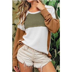 Green Color Block Exposed Seam Waffle Knit Long Sleeve Top