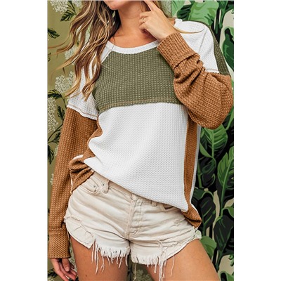 Green Color Block Exposed Seam Waffle Knit Long Sleeve Top