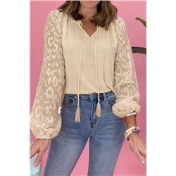 Leopard Mesh Bubble Sleeve Split Neck Blouse