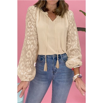 Leopard Mesh Bubble Sleeve Split Neck Blouse