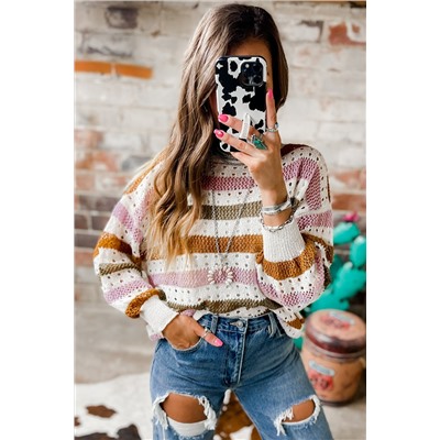 Multicolor Striped Hollowed Knitted Loose Sweater