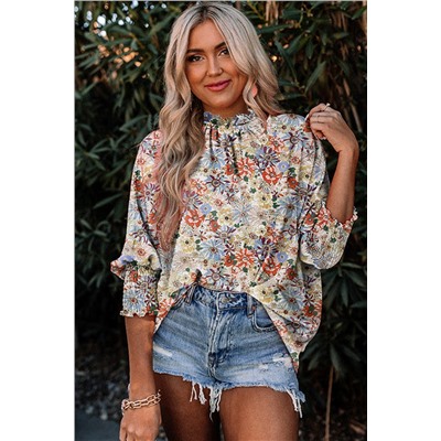 Multicolor Shirred Cuffs Bubble Sleeve Floral Blouse