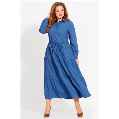 Платье синее женское длинное с поясом на пуговицах
