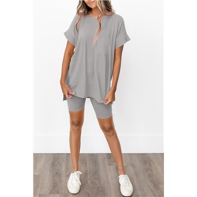 Gray Solid Split Hem Tunic Tee and Tight Shorts Set