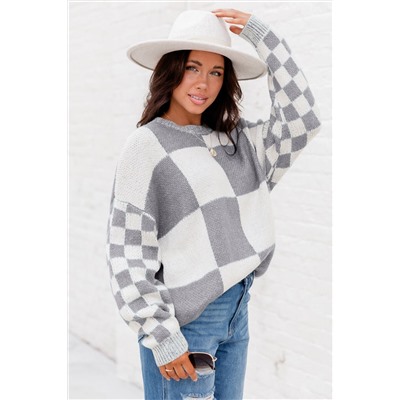 Medium Grey Checkered Print Drop Shoulder Sweater