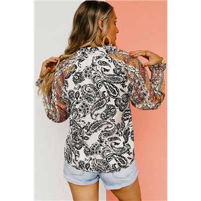 Bright White Abstract Print Flounce Sleeve Tasseled V Neck Blouse