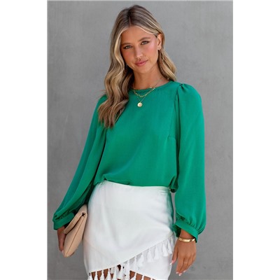 Green Satin Puff Long Sleeve Crewneck Blouse