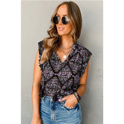 Vintage Floral Ruffle Sleeve V Neck Blouse