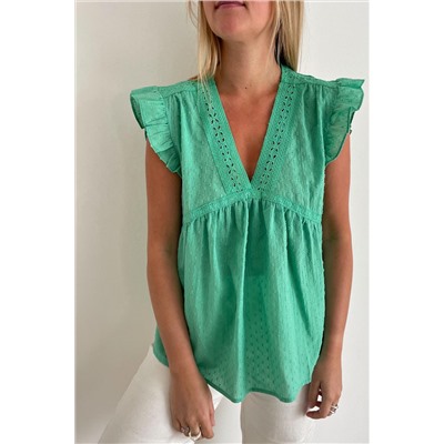 Green Eyelet V Neckline Ruffle Swiss Dot Top