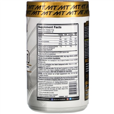 Muscletech, 100% гидролизованный коллаген Platinum, без вкусовых добавок, 1,52 фунта (692 г)