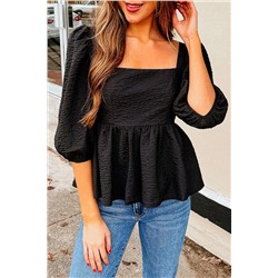 Black Textured Square Neck Puff Sleeve Peplum Blouse