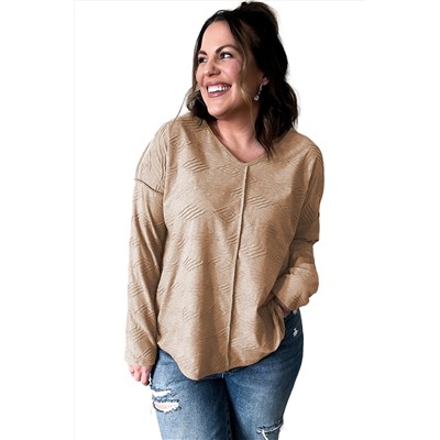 Khaki Plus Size Textured Drop Shoulder Exposed Seam Top