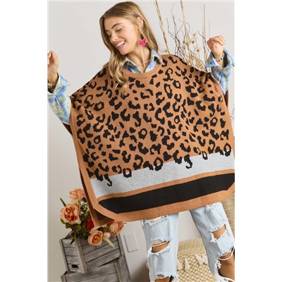 Camel Leopard Print Poncho Sweater