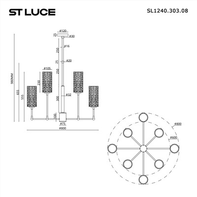 SL1240.303.08 Люстра подвесная ST-Luce Латунь/Дымчатый E27 8*60W