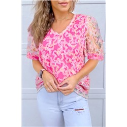 Bonbon Flowery Mesh Short Puff Sleeve Blouse