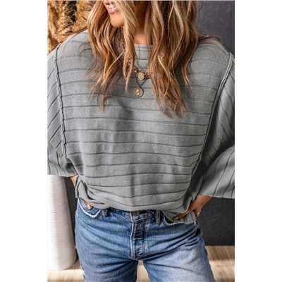 Gray Exposed Seam Ribbed Knit Dolman Top