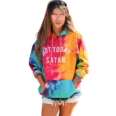 Разноцветное худи с ярким красочным принтом и надписью: Not Today Satan