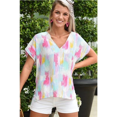 Multicolor Abstract Print V Neck Dolman Blouse