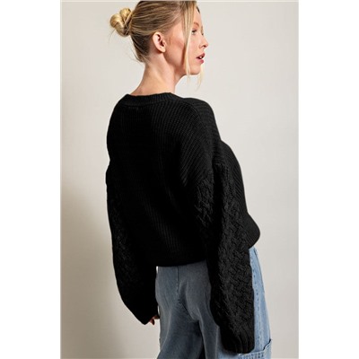 Black Cable Knit Sleeve Drop Shoulder Sweater