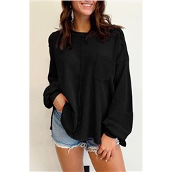 Black Exposed Seam Patchwork Bubble Sleeve Waffle Knit Top