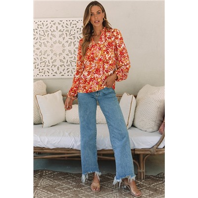 Grapefruit Orange Frilled Split Neck Bubble Sleeve Floral Blouse