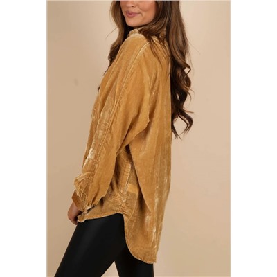 Gold Solid Color Button Up Loose Fit Velvet Shirt