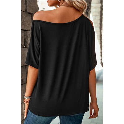 Черная ассиметричная блуза с открытыми плечами