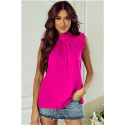 Bright Pink Pleated Mock Neck Frilled Trim Sleeveless Top