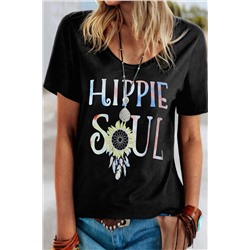 Черная футболка с принтом подсолнух и надписью: HIPPIE SOUL