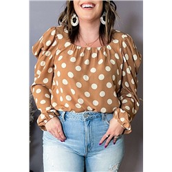 Khaki Plus Size Polka Dot Ruched Neckline Puff Sleeve Blouse