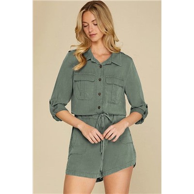 Jungle Green Roll up Sleeve Flap Pockets Drawstring Playsuit