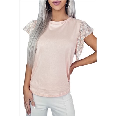 Pink Sequin Sleeves Crew Neck T-Shirt