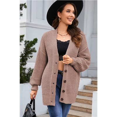 Khaki Buttoned Front Drop Shoulder Knitted Cardigan