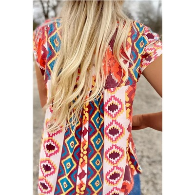 Multicolor Floral Aztec Geometric Cap Sleeve Top