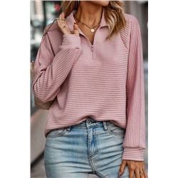 Peach Blossom Ribbed Texture Quarter Zip Sweatshirt