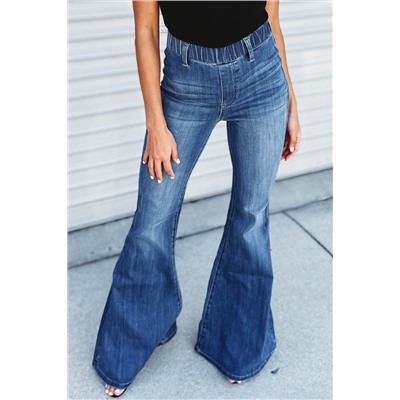 Blue Elastic High Waist Flare Jeans