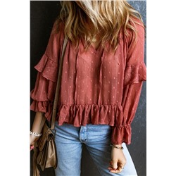 Red Swiss Dot Lace up V Neck Ruffled Blouse