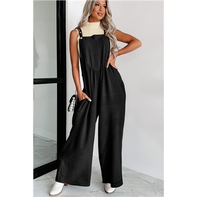 Black Textured Buttoned Straps Ruched Wide Leg Jumpsuit