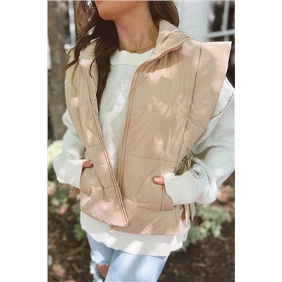 Parchment Solid Color Side Knot Zip Up Puffer Vest