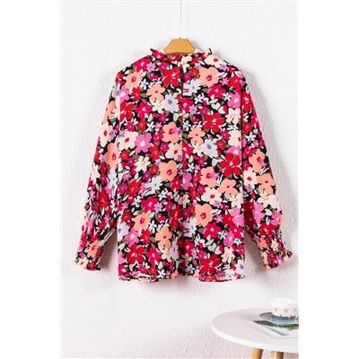 Rose Printed Frilled Neck Shirred Bracelet Sleeve Floral Blouse