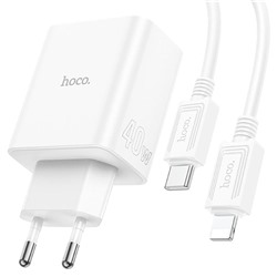 Адаптер Сетевой с кабелем Hoco C126A PD 2Type-C/USB 40W (Type-C/Lightning) (white)