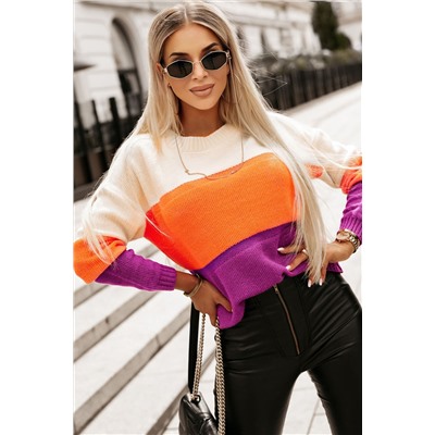 Multicolor Color Block Drop Shoulder Round Neck Knit Sweater