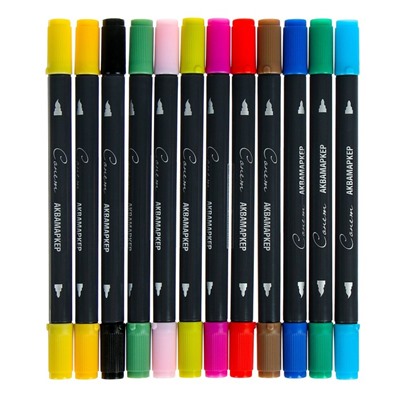 Набор художественных маркеров "Сонет", 12 цветов, водная основа, двусторонний: пулевидная/кисть, основные цвета, 150411173