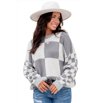 Medium Grey Checkered Print Drop Shoulder Sweater