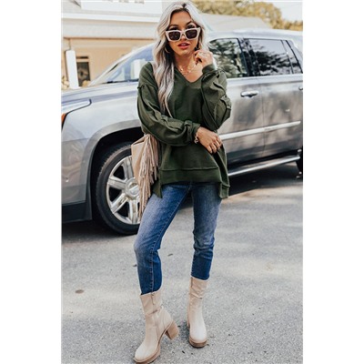 Green Expose Seam Detail Split Neck Long Sleeve Top