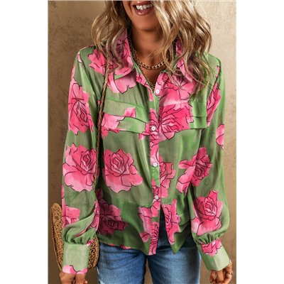 Green Floral Print Pleated Detail Puff Sleeve Shirt