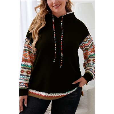 Black Aztec Patchwork Sleeve Waffle Drawstring Plus Hoodie