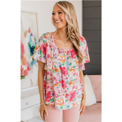 Бежевая шифоновая блуза с флористическим принтом и круглым вырезом